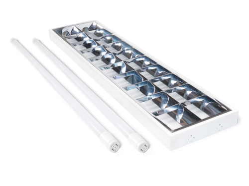 Set: 1x Corp de iluminat cu rastru montat pe zid 2x120cm + 2x Tub LED 18W - Alb rece (6000K)