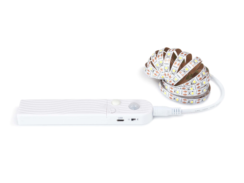 Set bendă LED 5V 2m - Alb cald (3000K) + controler cu senzor de mișcare și crepuscular pe baterii AAA