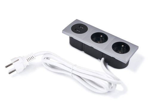Priză electrică blat încastrat 2x230V + 2xUSB triplă - Argint