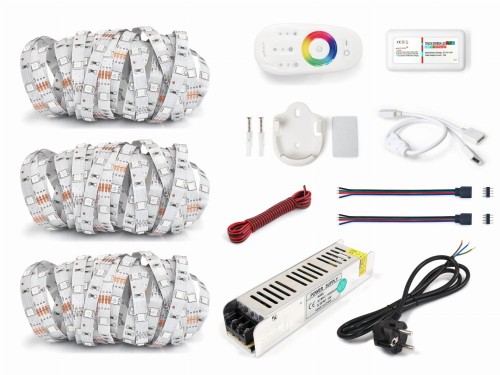 Set benzi LED 12V | 5050 | 450LED | 15m | IP20 | RGB + Controler RF-RGB-004 + Sursă de alimentare 108W