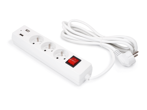 Prelungitor bară 3m - 3 x prize de alimentare 230V + 2 x USB - Alb