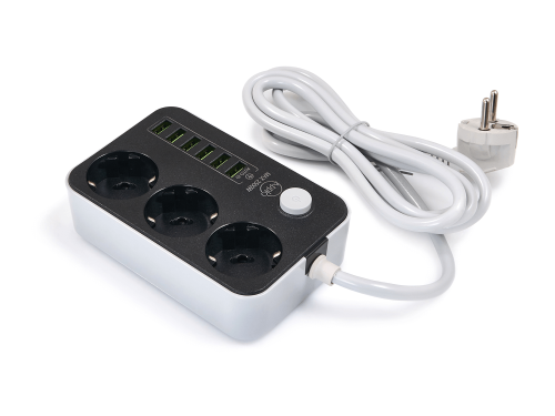 Prelungitor bară 2m - 3 x prize de alimentare 230V + 6 x USB - Gri