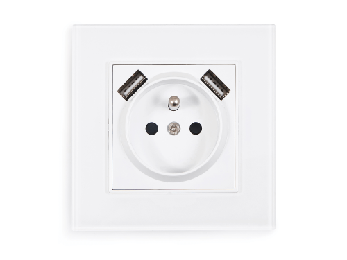 Set: 1x Priză electrică de sticlă Bianka 230V 16A 2x USB cu împământare + ramă de sticlă - Alb