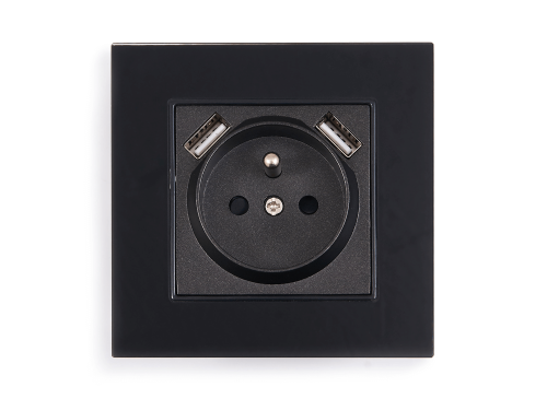 Set: 1x Priză electrică de sticlă Bianka 230V 16A 2x USB cu împământare + ramă de sticlă - Negru