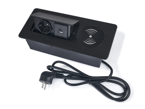 Separator de birou încorporat în blat, priză cu 1x priză de alimentare, 2xUSB și încărcător inductiv Multibox 6 - Negru 