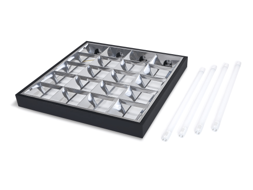 Set: 1x Corp de iluminat raster negru montat la suprafață 4x60cm + 4x Tub LED 9W - Alb cald (3000K)