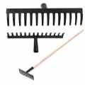 Greblă de grădină pentru frunze, 14 dinți metalici, cu coadă din lemn