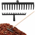 Greblă de grădină pentru frunze, 14 dinți metalici, cu coadă din lemn