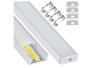 Profil din aluminiu aparent pentru benzi LED 1m, argintiu anodizat, cu dispersor opal și accesorii
