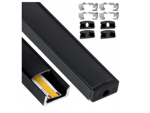 Profil din aluminiu aparent pentru benzi LED 1m negru, cu dispersor opal și accesorii