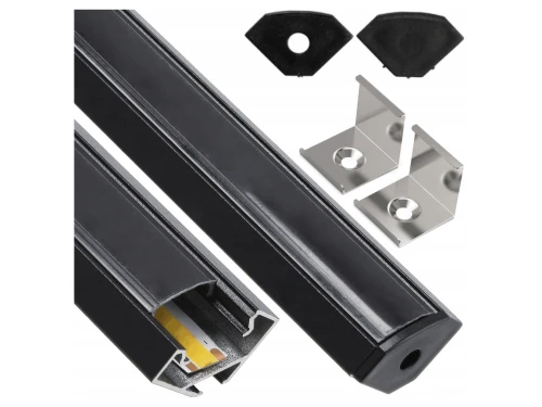 Profil aluminiu de colț pentru benzi LED 1 m negru, cu dispersor negru și accesorii